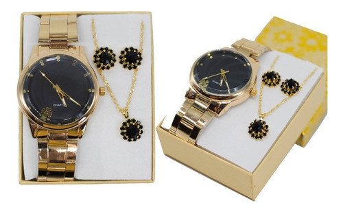 Relógio Feminino Dourado + Kit Joias Foliado + Caixa Luxuosa