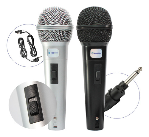 Kit 2 Microfones Profissional Duplo Dinâmico Karaoke Igreja Palestras Com Fio Diggicom