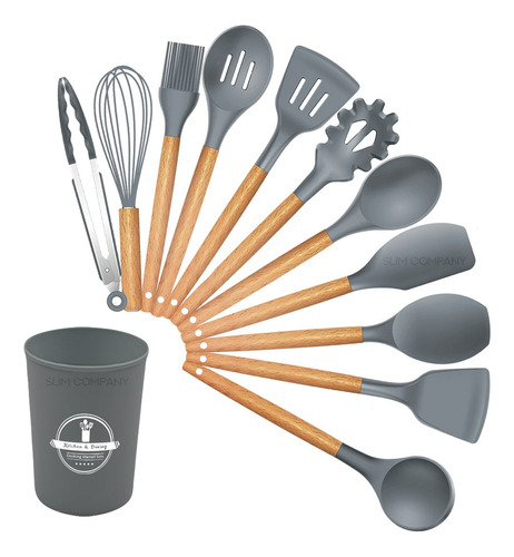 Set Untensilios Para Cocina De Silicon 12en1 Resistente Temp Color Gris Oscuro