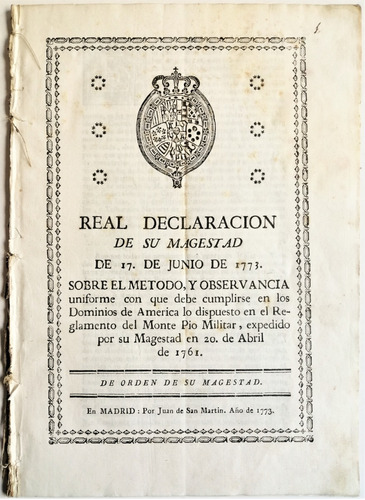 Real Declaración Reglamento Monte Pio Militar 1773