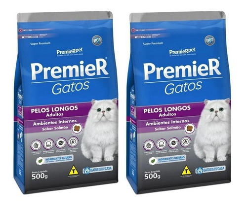 Kit 2un. Ração Gato Adulto Pelos Longos Salmão 500g Premier