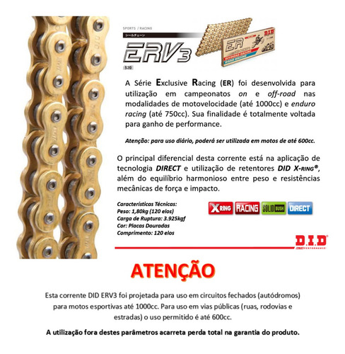 Imagem 3 de 9 de Corrente Competição Did Erv3 520 S1000rr Srad R6 R1 Zx10 Cbr