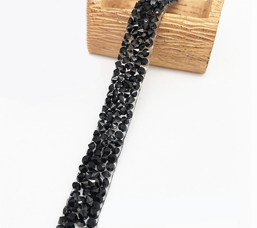 Aplique Termoadhesivo Tira Galon De Strass Negro 50cm X 1cm Negro