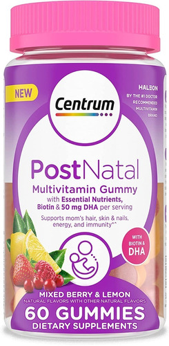 Centrum Multi Vitaminas Postnatal Con Biotina Y Dha 60 Gomas Sabor Frutos rojos y limón