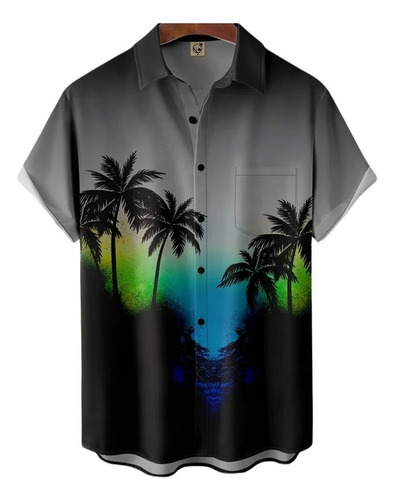 Camisa Hawaiana Unisex De Neón Con Diseño De Árbol De Coco,