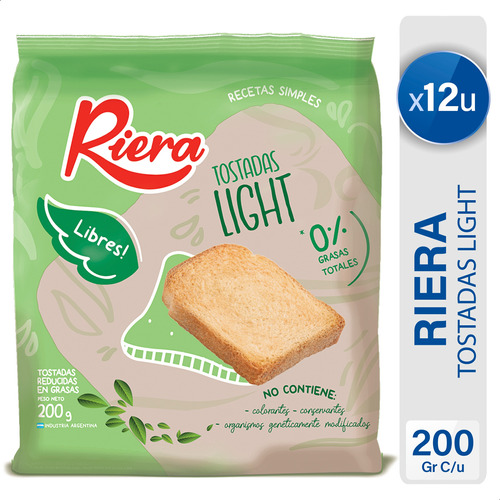 Tostadas Light Riera Galletitas De Mesa - Pack X12 Unidades