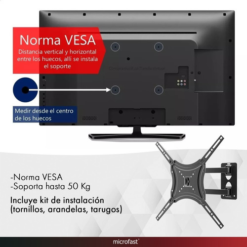Imagen 8 de 9 de Soporte Tv Lcd Led 2 Brazos Móviles Hasta 55 50kg Vesa
