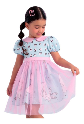 Vestido Infantil Azul E Rosa Mon Sucré Friendly 22312 B.e.