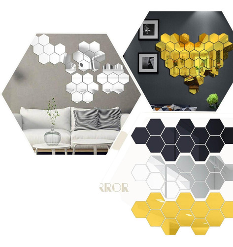 Imagen 7 de 10 de 12pzs Acrilico Decorativo Espejo Hexagonal Adhesivo Plata