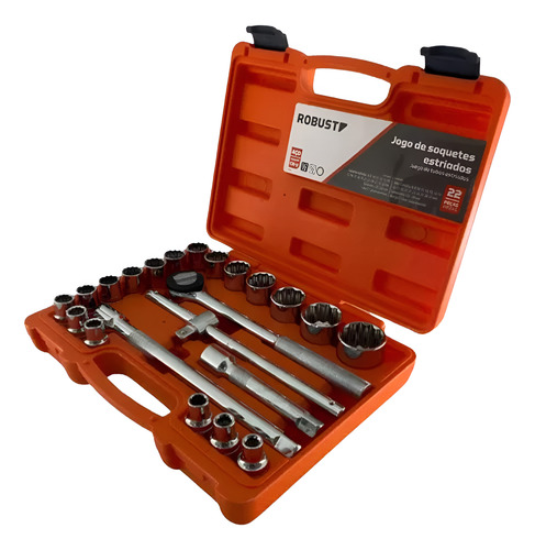 Jogo Soquete Estriado C/ 22pçs 8 - 32mm Robust - D26-22am Laranja