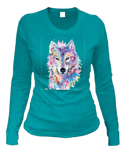Playera M Larga Lobo Acuarela Colores 75