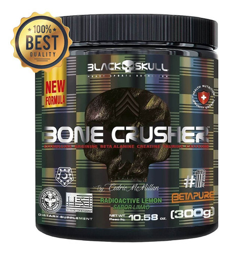 Pre-treino Bone Crusher Oficial Black Skull 300g Creatina Sabor Radioactive Lemon