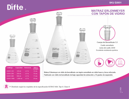 Matraz Erlenmeyer De Vidrio 125ml Junta 24/40 Difte
