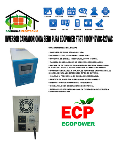 Inversor Cargador Seno Puro Ecopower Ft-bt 1000w 12vdc-120v