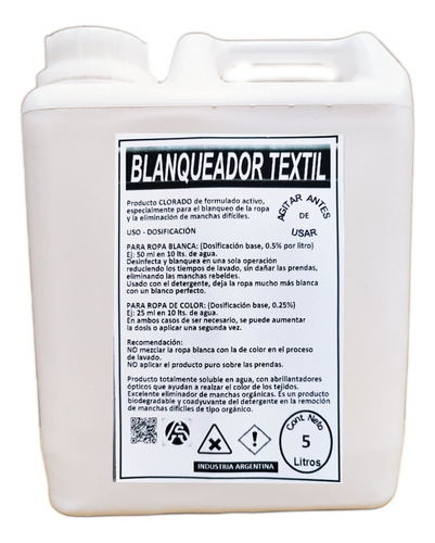 Blanqueador Para Todo Tipo De Ropa Blanca Y Color - 5 Lt.