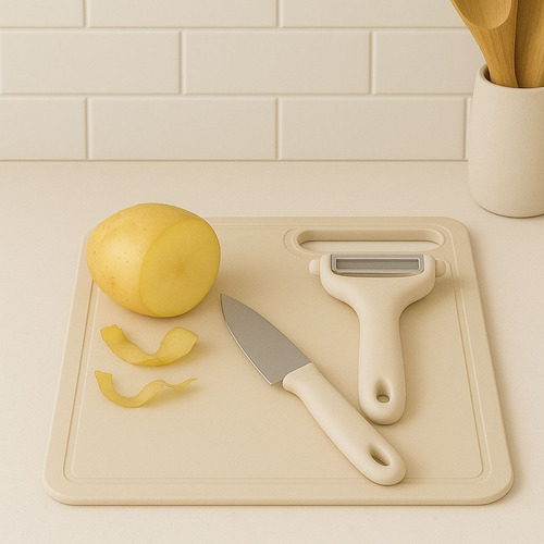 Set Tabla Para Picar Lisa + Cuchillo Y Pelapapa Mite Lisa Beige