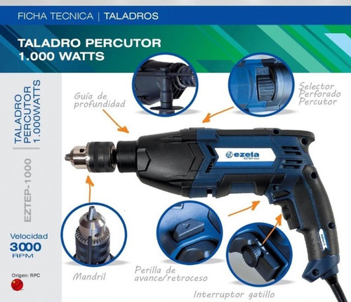 Imagen 3 de 7 de Taladro Percutor Ezeta 1000 Watts