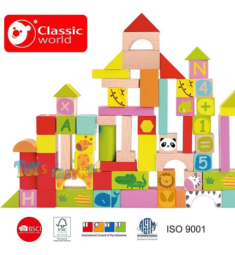 Imagen 2 de 8 de Bloques De Madera 100 Classic World Animales Letras Numeros