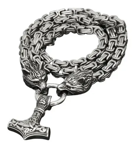 Collana con teschio vichingo Mjolnir, ciondolo in acciaio