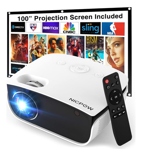 Mini Proyector Nicpow, P/ Exterior, 1080p, 7500l, C/pantalla Color Blanco