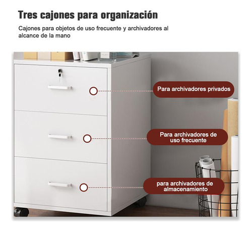 Archivero Madera 3 Cajones Para Oficina Con Llave 4 Ruedas Blanco