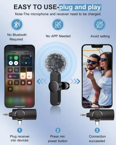 Micrófono de solapa inalámbrico, doble omnidireccional, Plug-and-Play,  compatible con iOS y Android, ideal para vlogging, transmisión en vivo