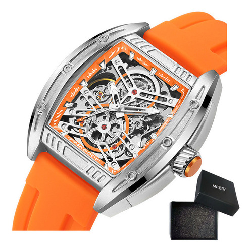 Reloj Mecánico Hueco De Silicona Luminoso De Megir Color De La Correa Sliver/orange