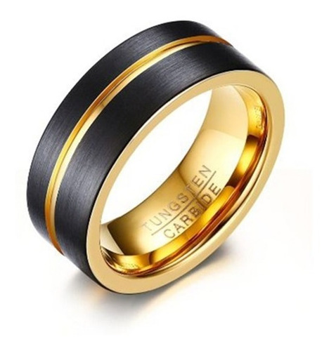 Anel Masculino Homem Tungstênio 8 Mm Preto Fosco Ouro 18k