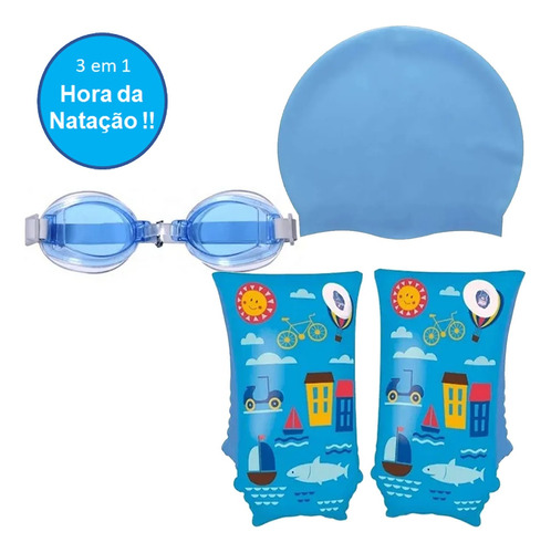 Kit Para Natação Boia Estampa Barquinhos Óculos E Touca Azul