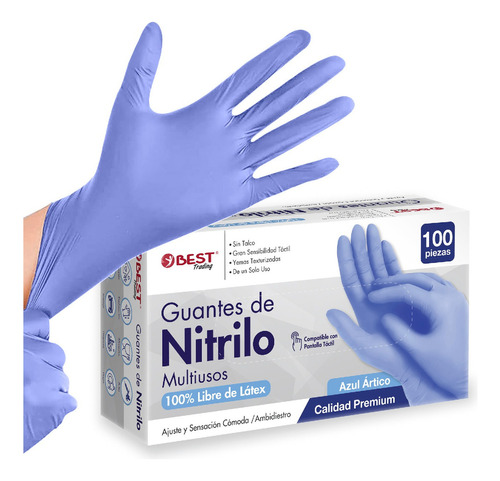 100 Guantes Premium Azul Claro Nitrilo Libre Látex Sin Polvo Talla Mediano