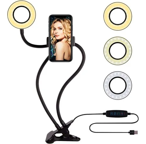 Aro Luz Led 3 Modos 10 Intensidades Soporte Flexible Celular