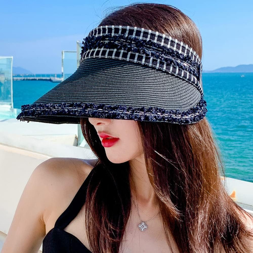 Sombrero De Paja Con Visera Enrollable Y Protección Uv