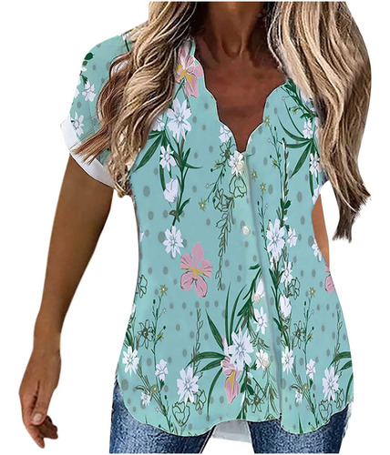 Blusa Para Mujer Moda 2022 Cuello Festoneado Estampado Retro