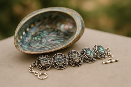 Pulseira Abalone Natural Folheada A Prata 5 Pedras