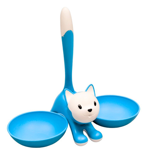 Comedouro Duplo Luxo Gatos Pqn Plástico Moderno Gatito Cor Azul