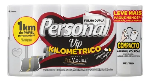 Papel Higiênico Vip Kilométrico Neutro Folha Dupla com 20 rolos de 50 metros Personal