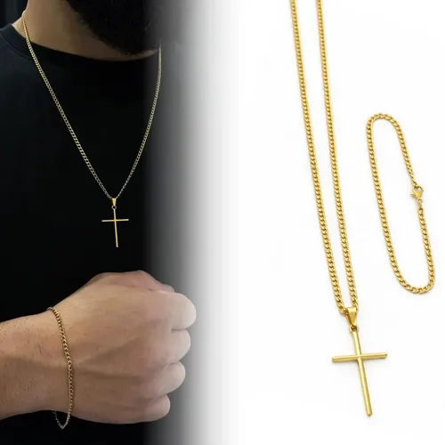 Corrente Cordão Masculino Aço Inox Banhado A Ouro 18k + Pulseira E Pingente Cruz Crucifixo Correntinha Masculina Grumet Gourmet 1x1 Banhada Escama De Peixe Escamada Colar 60cm Inoxidavel Fina 3mm — foto 1