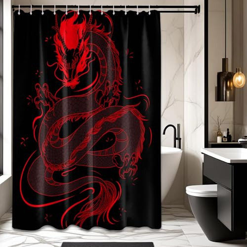Cortina De Ducha De Dragón Negra Y Roja Conjunto De Decoraci