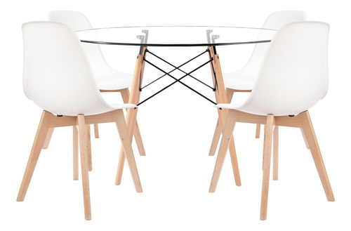 Juego Comedor Mesa Eames Vidrio Redonda 120cm + 4 Magnolia