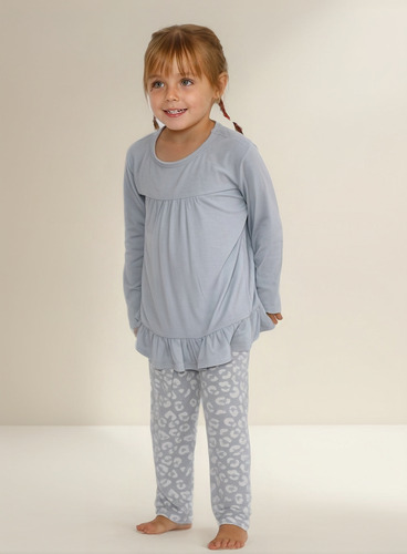 Pijama Niña Leopardo Celeste Algodón Pima