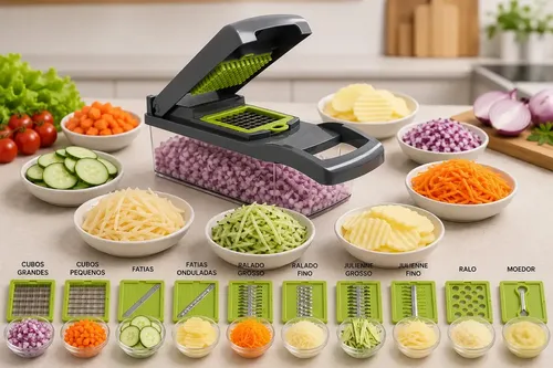 Cortador Fatiador Ralador De Legumes E Frutas 16 Pecas Com Recipiente Coletor Laminas Inox Mandoline Manual Multiuso Solar
