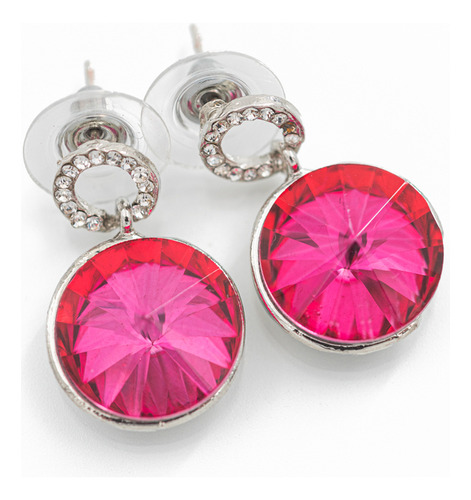 Aros Piedra Strass Circular Fucsia Y Plateado. Pasantes