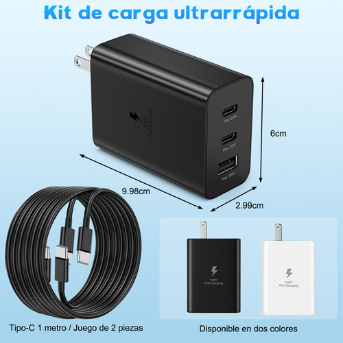 Gytuiv 2pcs 3boca Cargador Tipo C+2pcs 1m Para Cable De Carga Samsung 65w Carga Rápida Para Samsung A55 Para Galaxy S24 Ultra/s24+/s24+/s23 Ultra/s23+/s22 Ultra/s22 A55/a54/a53/a52/a35/a34/a33 Negro