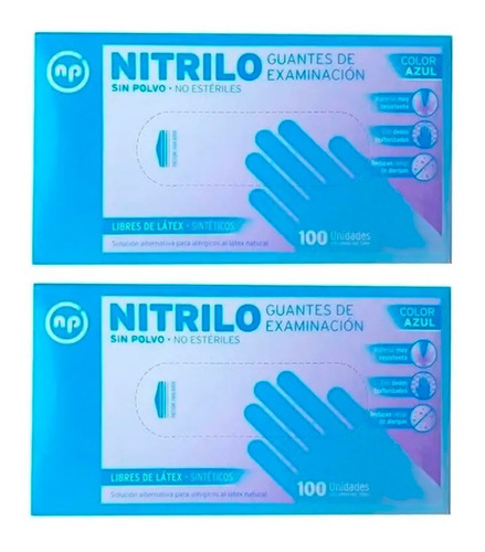 2 Guantes De Nitrilo Color Azul Descartables X 100 Unidades
