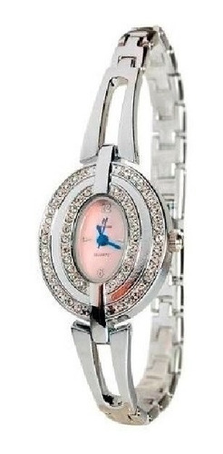 Reloj Mujer John L Cook Stainless Steel Adultos Elegante Malla Plateado Bisel Plateado Fondo Rosa