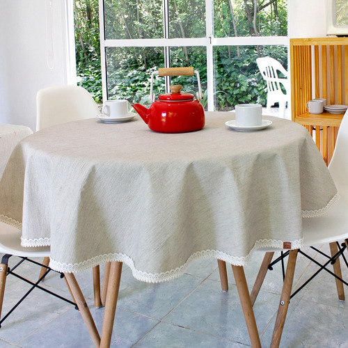 Mantel Redondo De Ecocuero Texturado Con Crochet 180 Cm Gris Cuerina Texturada