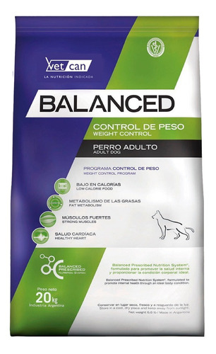 Alimento Vitalcan Balanced Dog Control Peso Perro Adulto 20k