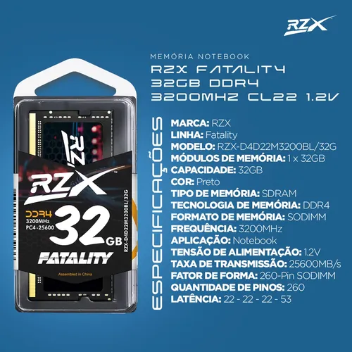 かぼちゃ　DDR 32GB Memória Ram Notebook RZX Gamer Fatality 32gb Ddr4 3200mhz Cl22 1.2
