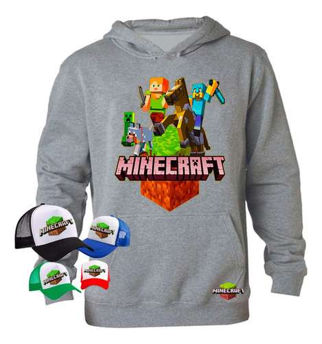 Polerón Canguro + Gorro Minecraf, Niños/as Jóvenes, Adultos