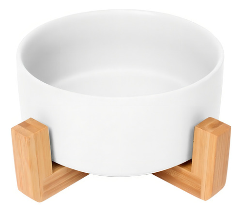 Plato Para Perros Y Gatos De Cerámica Con Base De Bambú Color Blanco